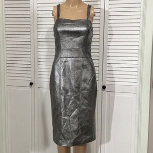 BCBGMaxAzria Metallic Silver Sheath Midi Dress